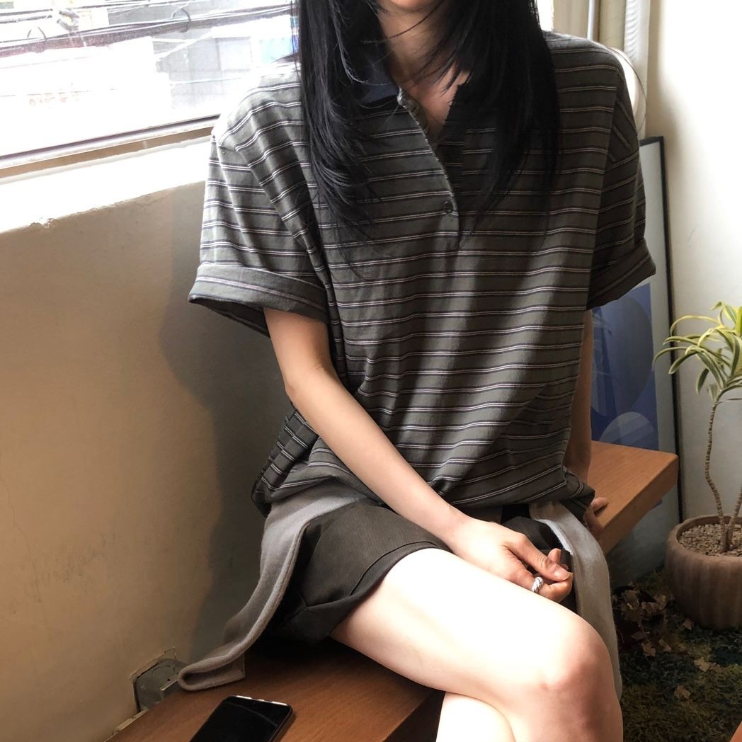 여성 럭비티셔츠 레트로 스트라이프 카라 반팔 루즈핏 데일리룩 럭비티 - 상세 이미지 5