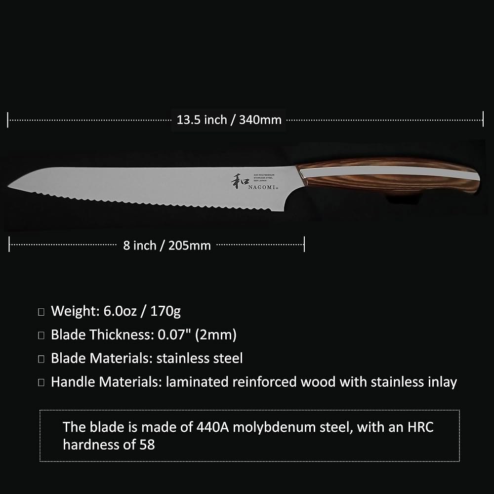 NAGOMI ] 20.3cm(8인치) 톱니 빵칼, 스테인리스 빵용 선물 날카로운 세련된 블랙 상자 스틸 HRC58 수제 블레이드 나이프, 빵 매우 Paring Knife - 상세 이미지 3