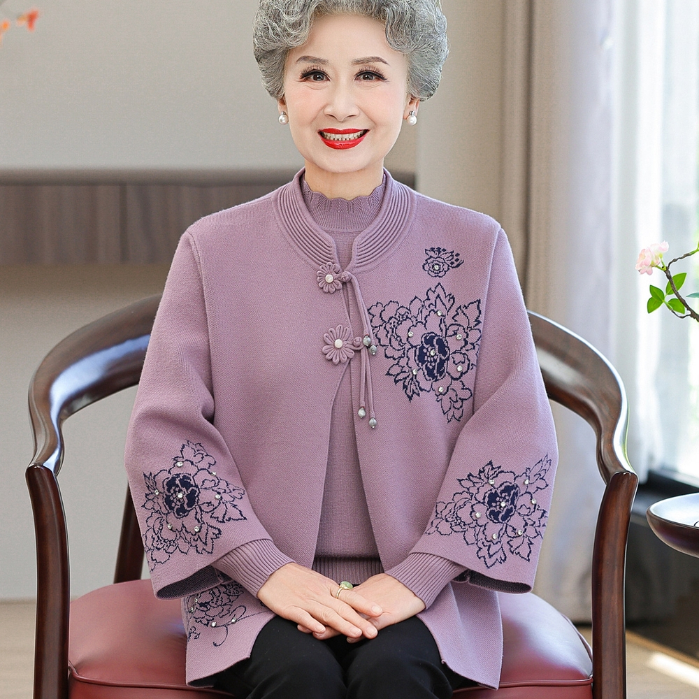 할머니옷 70대80대 어르신 엄마옷 고급 플라워 큐빅 자수 부드러운 니트 가디건 목폴라 - 상품 이미지