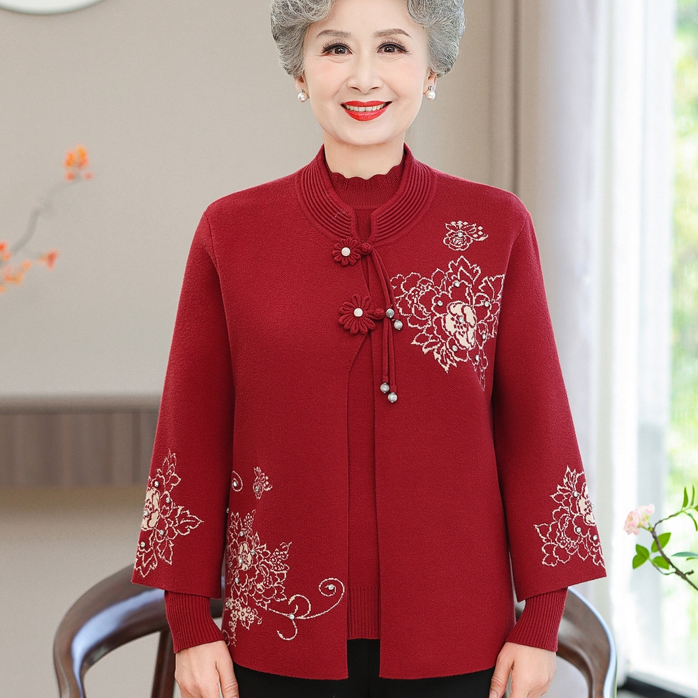 할머니옷 70대80대 어르신 엄마옷 고급 플라워 큐빅 자수 부드러운 니트 가디건 목폴라 - 상세 이미지 5