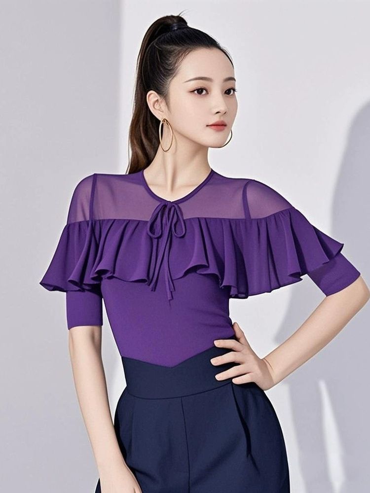 왈츠댄스복 방송 여성댄스옷 사교 라인 라틴 모던 진파랑 M - 상품 이미지