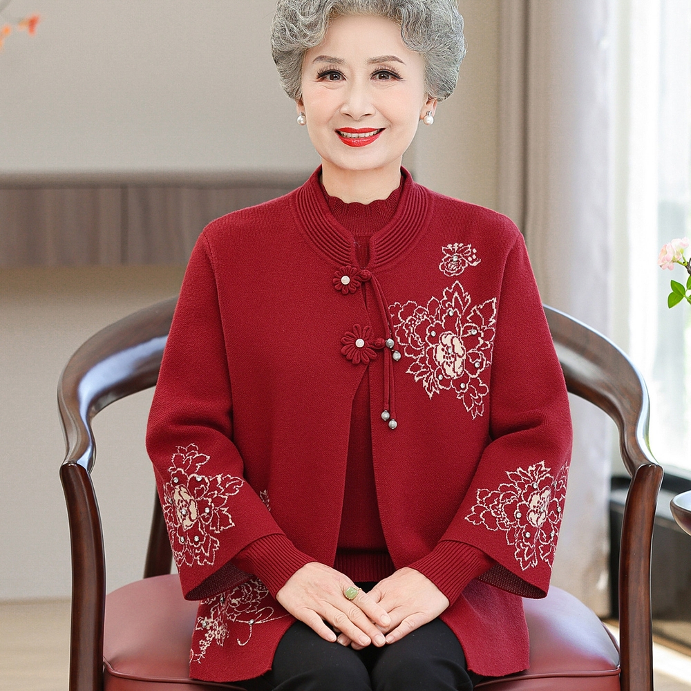 할머니옷 70대80대 어르신 엄마옷 고급 플라워 큐빅 자수 부드러운 니트 가디건 목폴라 - 상세 이미지 3