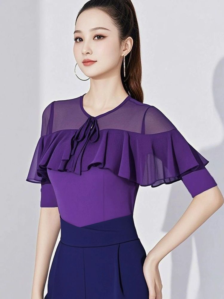 왈츠댄스복 방송 여성댄스옷 사교 라인 라틴 모던 진파랑 M - 상세 이미지 2