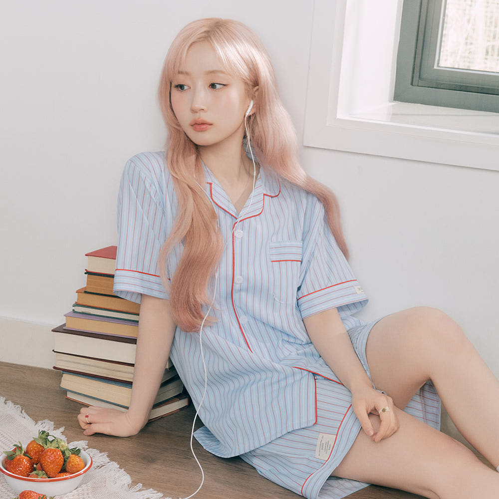 DOSSY 실크핏 클로에 반팔 카라 커플 잠옷 세트 여름 홈웨어 2PACK