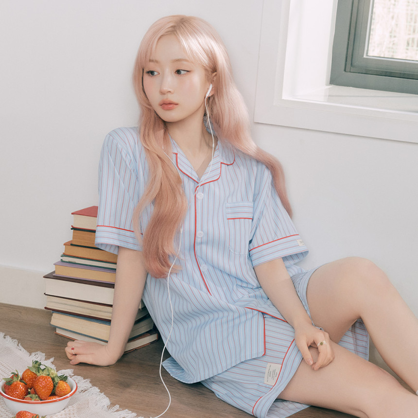 [해원 PICK 실크핏 클로에 반팔 카라 커플 잠옷 세트 여름 홈웨어 사진 4