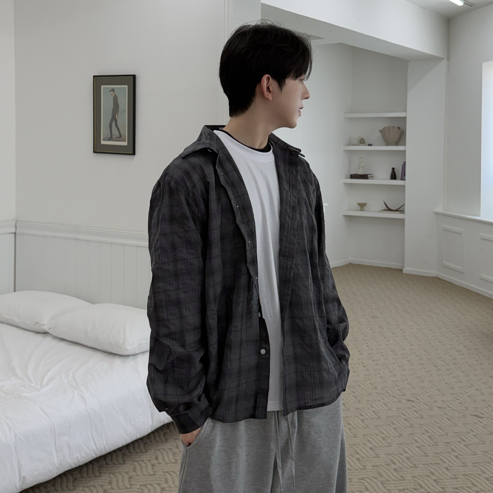 빈티지 워싱 체크 셔츠 오버핏 긴팔 레이어드 남친룩 봄옷 남녀공용 스트릿룩 이미지 6