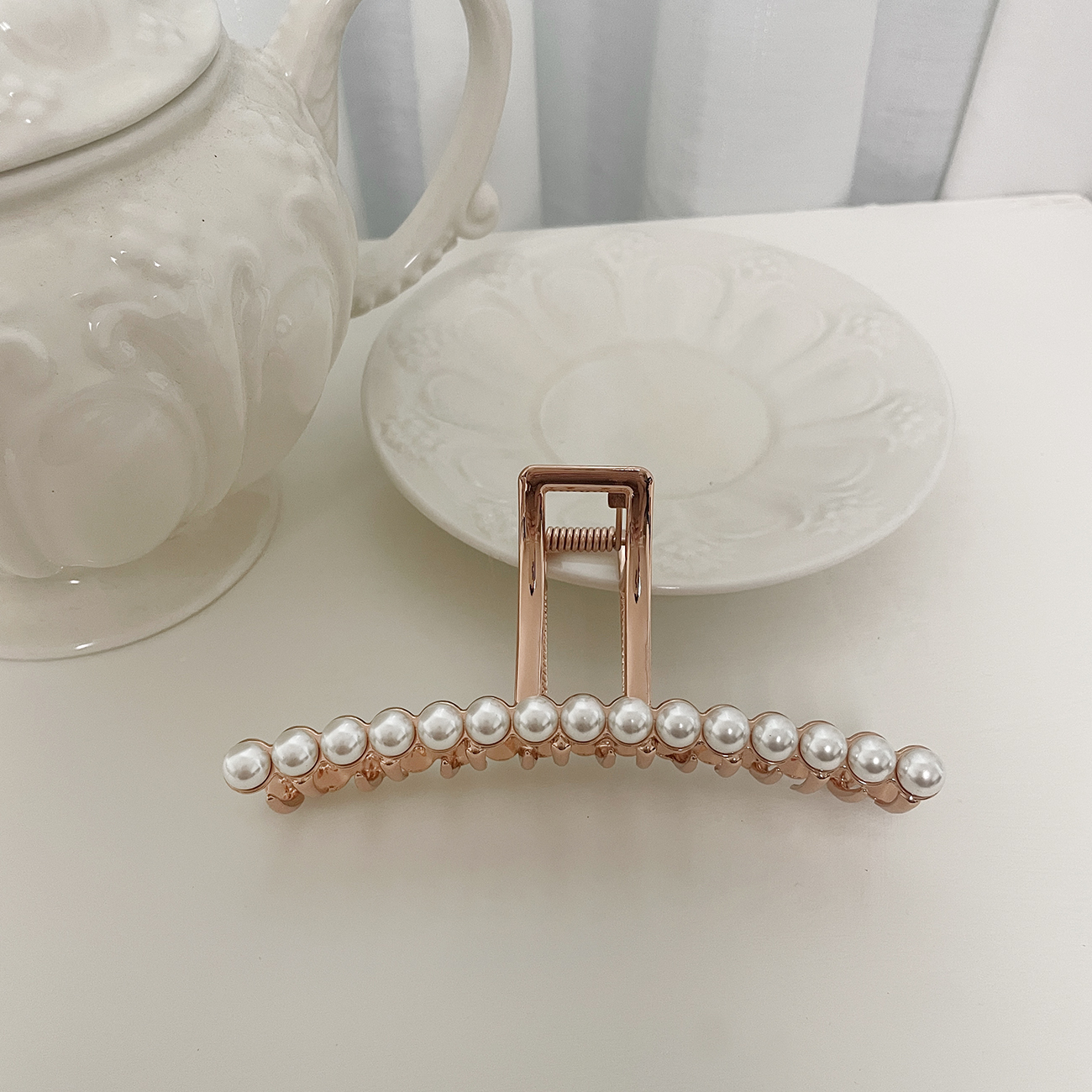 레이스룸 진주 롱 메탈 헤어 집게핀 13cm 빅사이즈 국내제작 로즈골드 도금(미색진주) - 상품 이미지