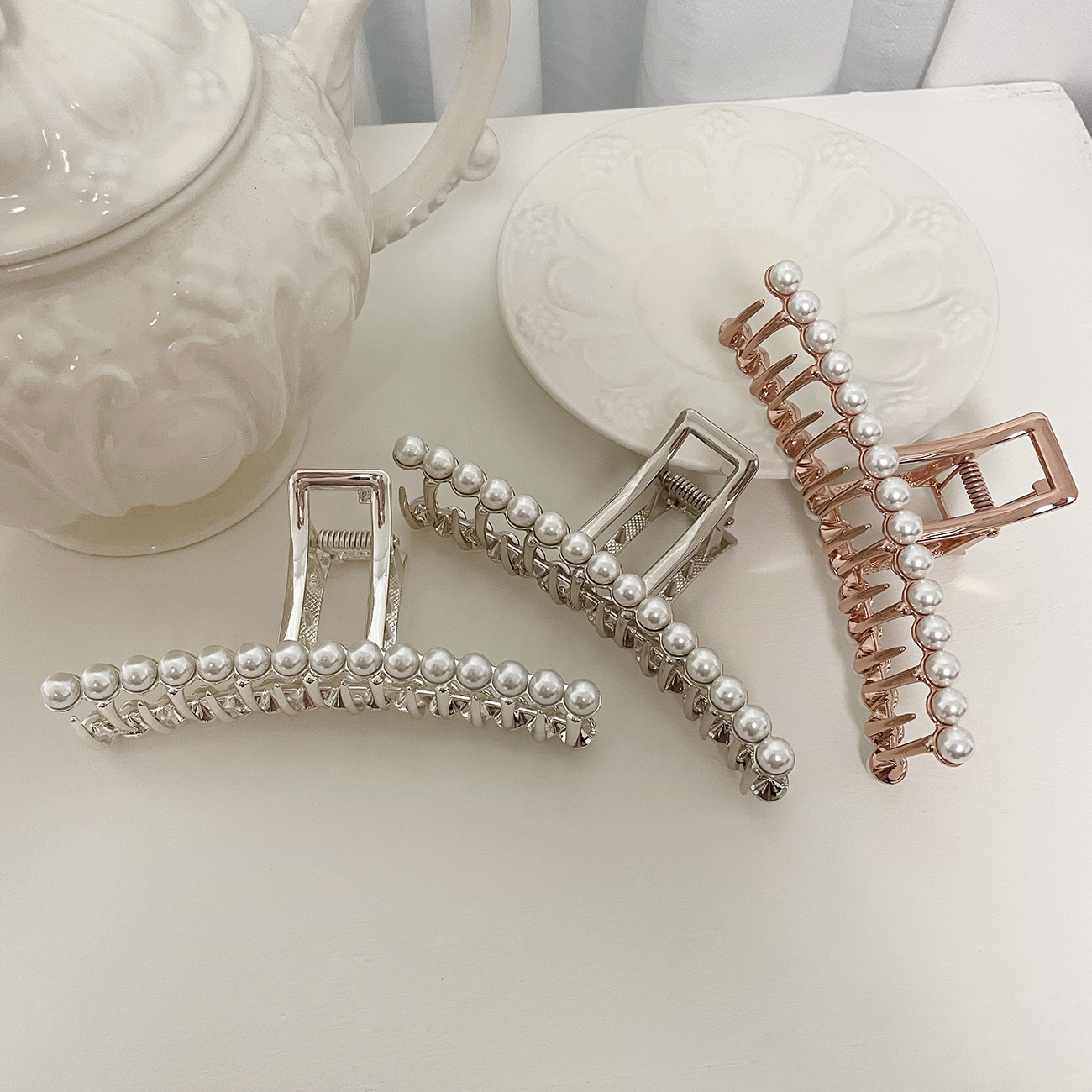 레이스룸 진주 롱 메탈 헤어 집게핀 13cm 빅사이즈 국내제작 리얼 은도금(백진주) 이미지 2