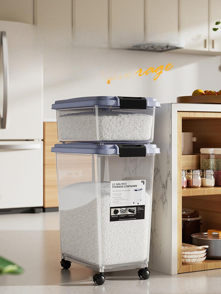 쌀통 밀가루통 원터치 밀폐 업소용 스테인리스 모델 고급 콤보 세트 25kg+키 세트 8.5kg 2개 - 상품 이미지