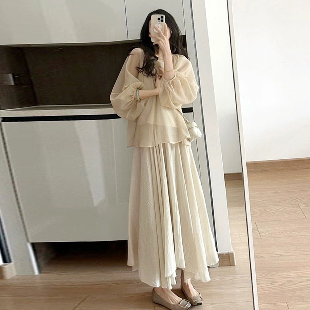임산부블라우스 임부복 자수 쉬폰 벌룬소매 셔링 프릴 시스루 상의 밴딩 A라인 플리츠 - 상세 이미지 2