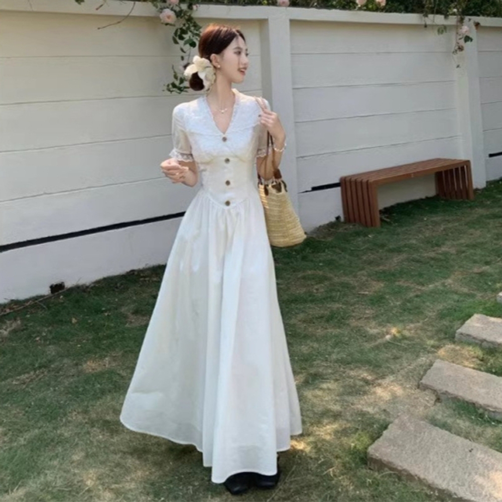 빈티지 레이스 셀프 웨딩 드레스 스냅 촬영 브이넥 퍼프소매 롱 원피스 레트로 복고풍 청순 - 상세 이미지 2