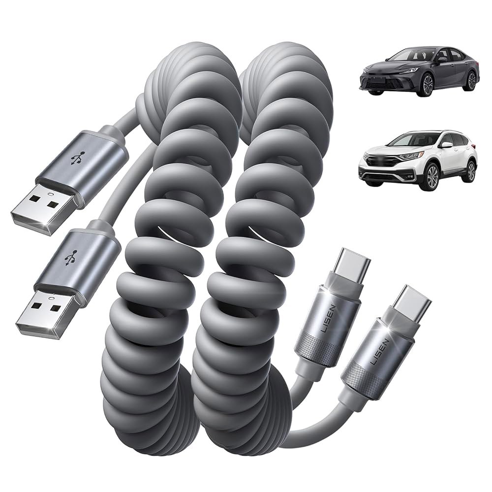 LISEN 코일형 USB C 케이블, 안드로이드 오토 & 카플레이 케이블용 내구성 있는 짧은 A to 케이블 2팩, 17 / 16 15 삼성 갤럭시 S25 S24 A15용 타입 - 상품 이미지
