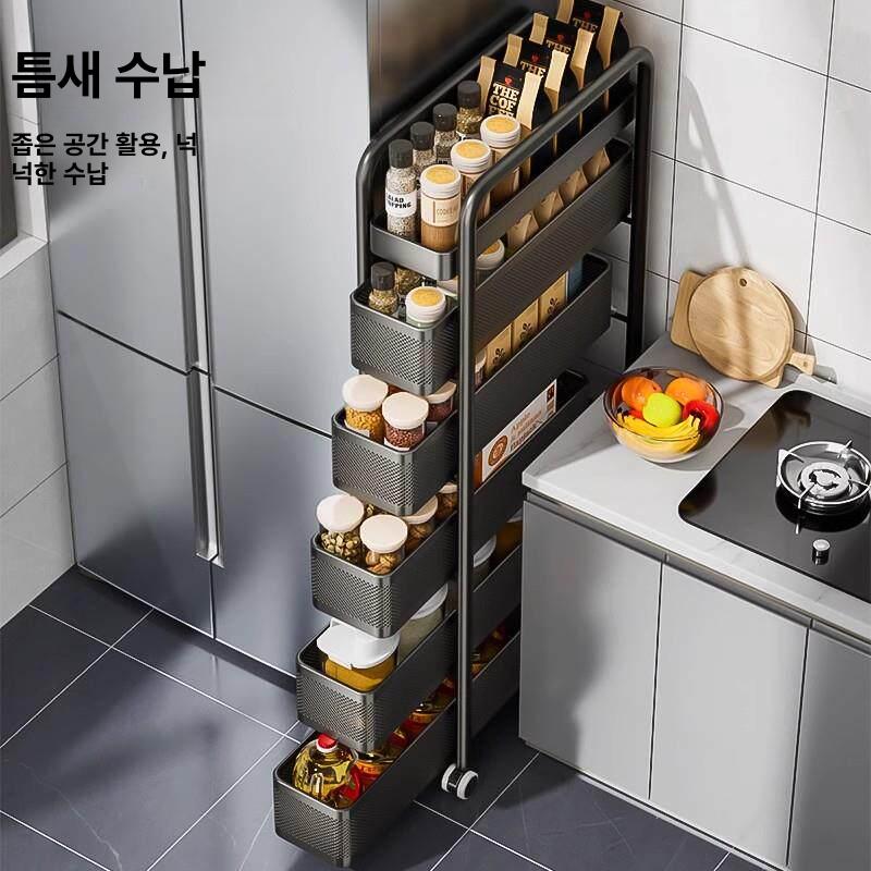 슬림틈새 주방 아테네스블랙 서랍형트롤리 진열장 문뒤수납 무광블랙 5칸 [슬라이드 스타일] 바퀴 포함 - 상세 이미지 4