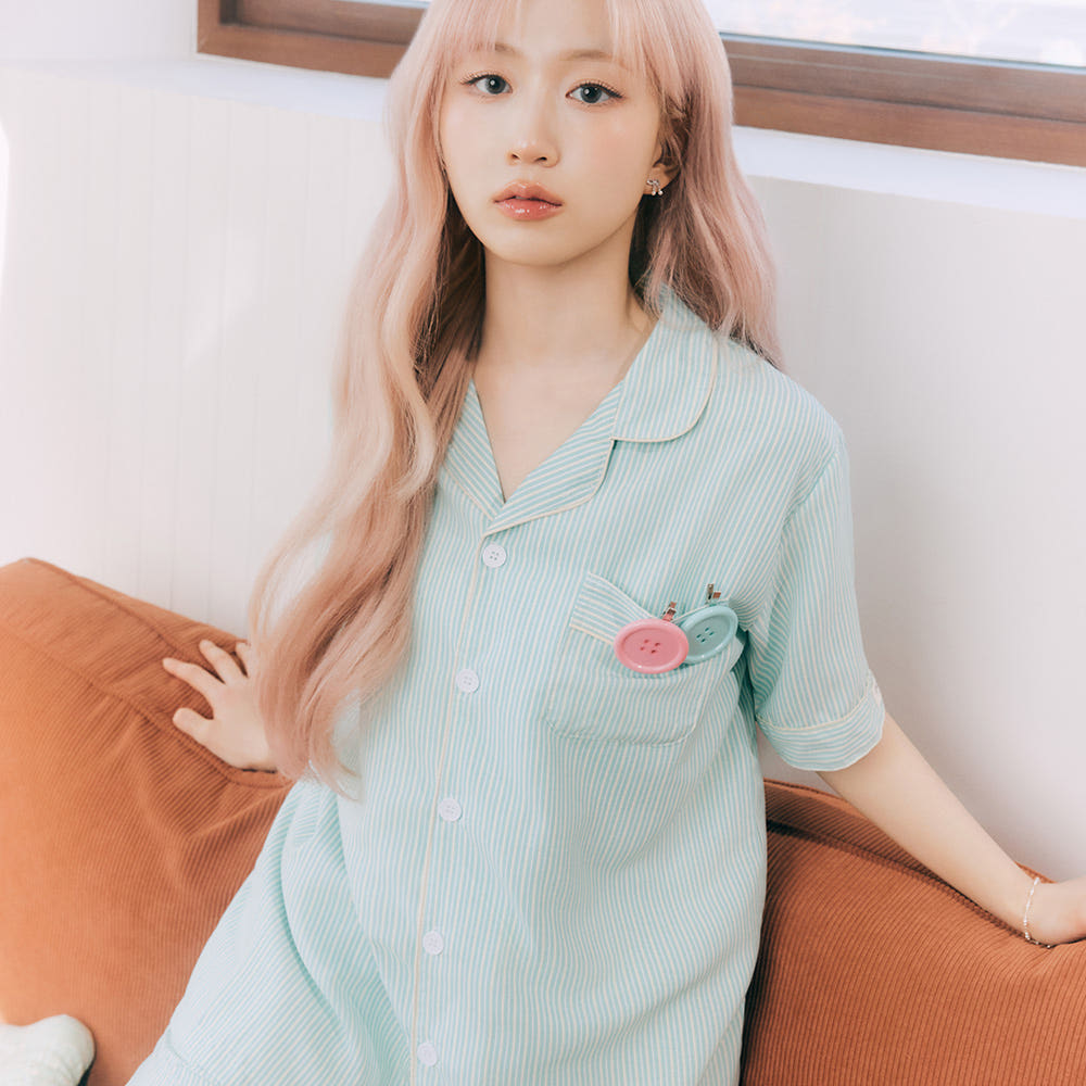 DOSSY 코튼라이크 민티 반팔 카라 커플 잠옷 세트 여름 홈웨어