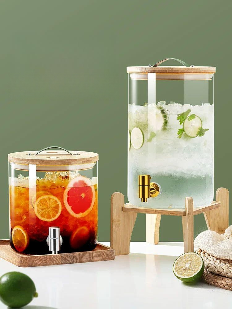 대형 워터 디스펜서 15L 카페 10L 수도꼭지 쥬스 3L 골드스테인리스스틸 대나무 받침대 - 상품 이미지