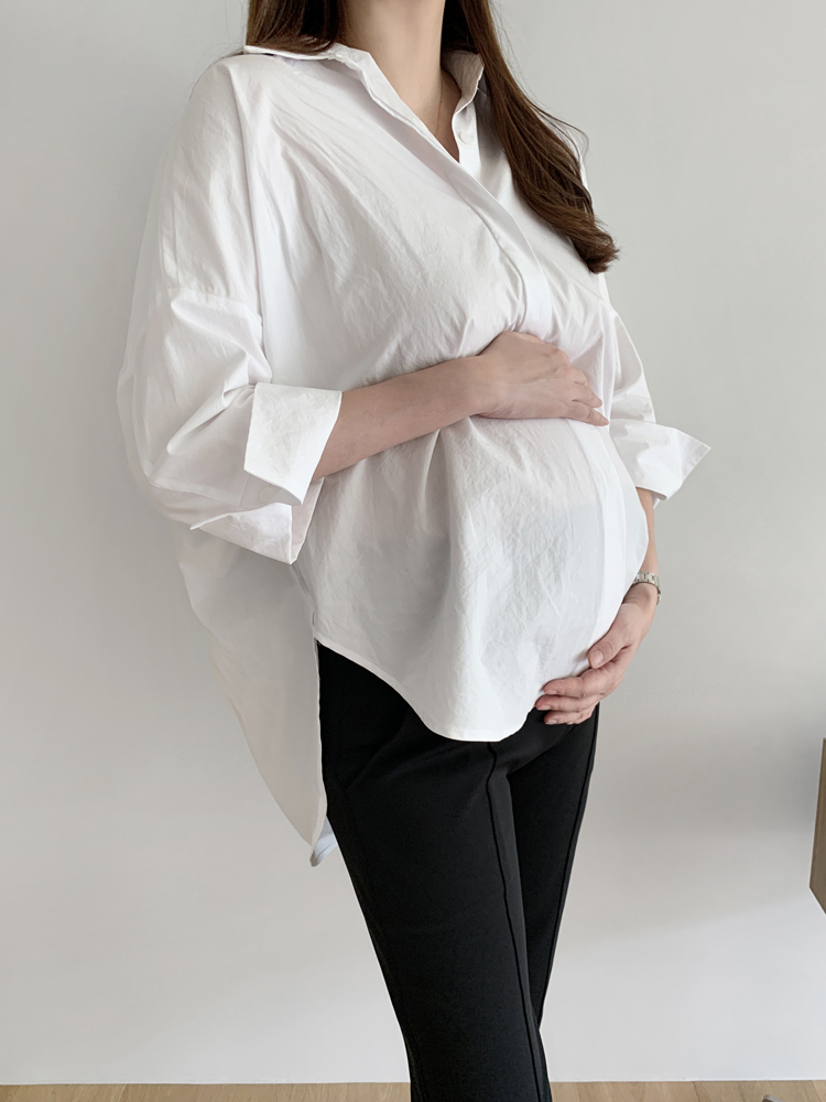 오버핏 히든 버튼 7부 셔츠 임산부 결혼식 하객룩 출근룩 봄 임부복 만삭 빅사이즈 - 상품 이미지