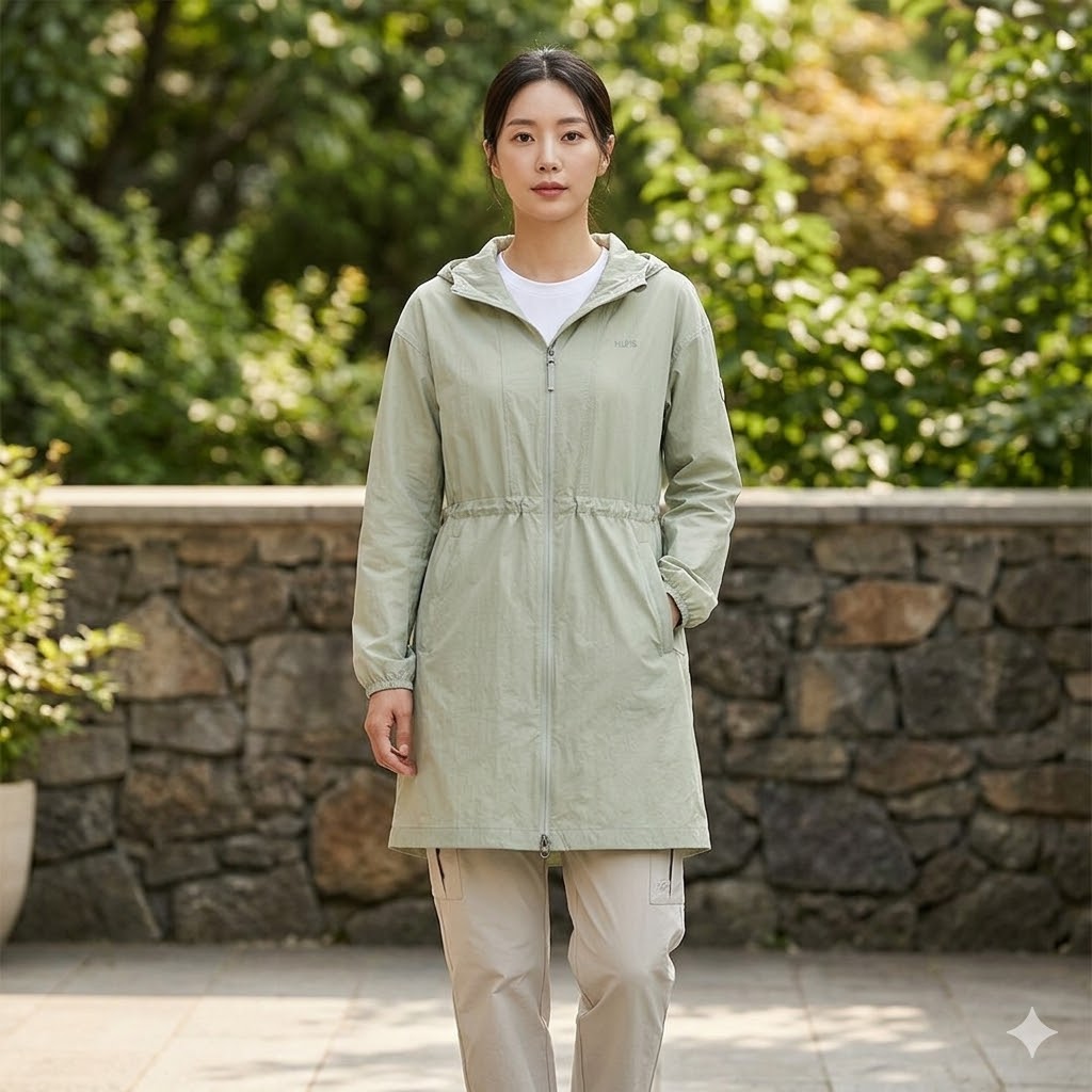 네파 여성 여름 아웃도어 롱기장 허리스트링 방풍 경량 바람막이 자켓 - 상품 이미지