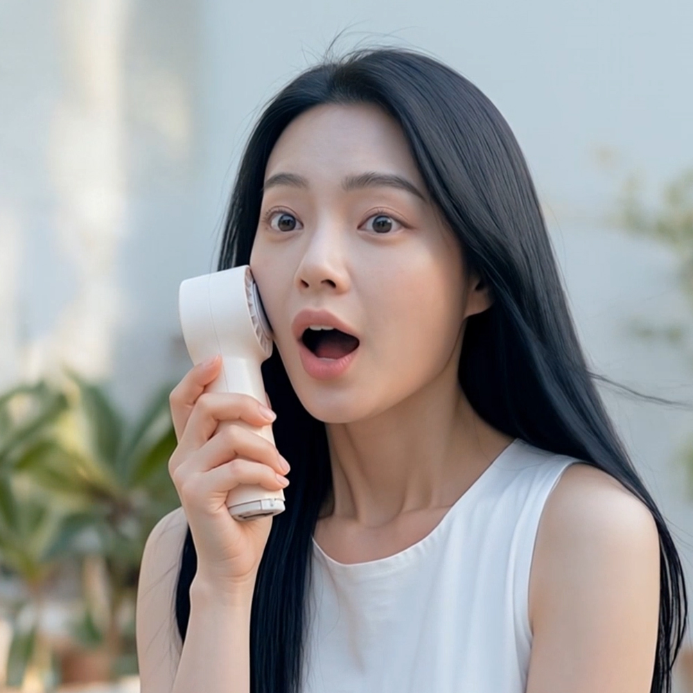마찬가지로 화이트 색상의 선풍기로 얼굴 옆에 대고 시원함을 느끼며 놀라워하는 표정의 여성