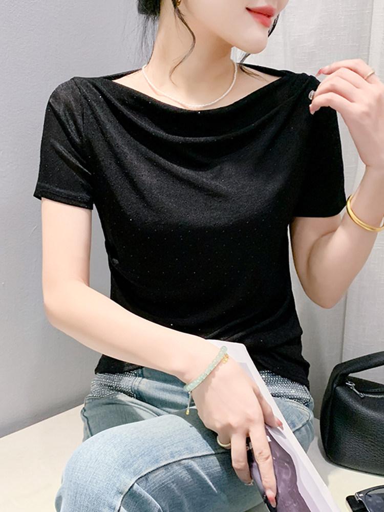 여성 라인댄스복 상의 라틴 반팔 공연복 연습복 블랙 S - 상품 이미지
