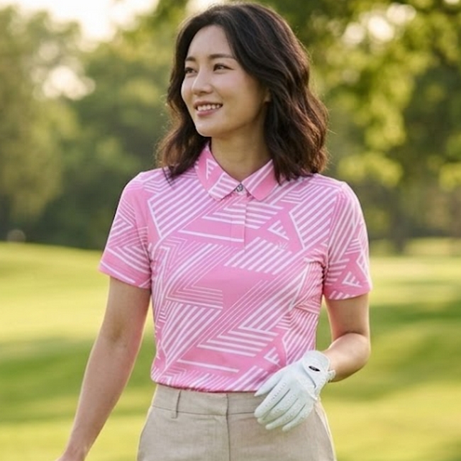 볼빅 골프 여성 여름 필드룩 패턴 스판 항균 카라 반팔티셔츠 - 상품 이미지