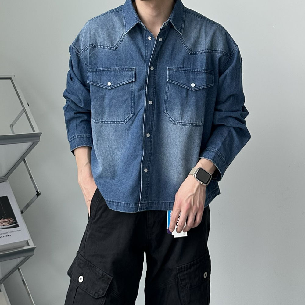 남자 청남방 오버핏 웨스턴 데님 크롭 남방 남자 셔츠 - 상세 이미지 2