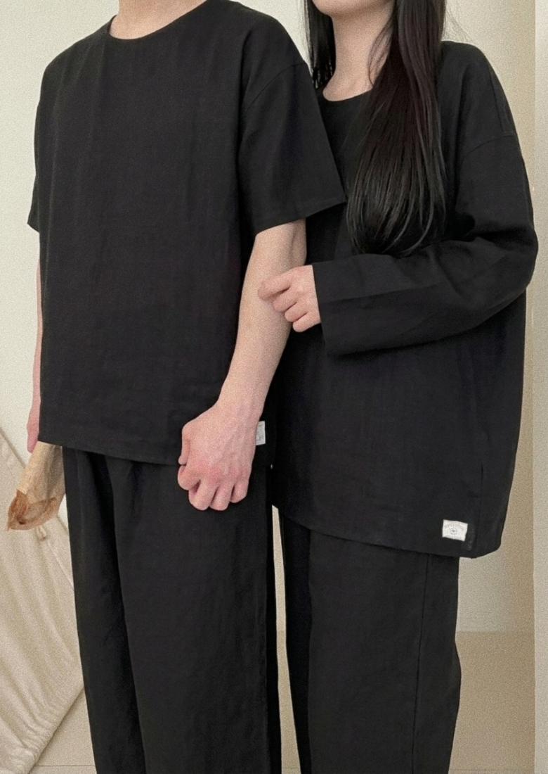 블랙 무형광 시원한 냉감 여름 홈웨어 잠옷 바이오워싱 순면 긴바지 - 상세 이미지 2