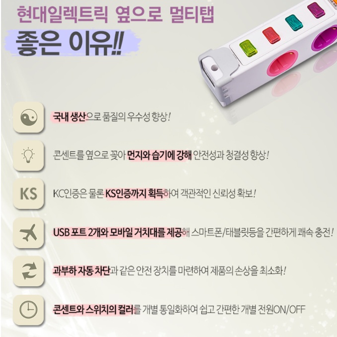 4구멀티탭 5M 국산 가정용 USB 개별스위치 옆으로멀티탭 2800W - 상세 이미지 3