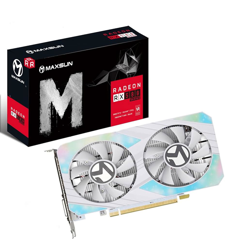 maxsun AMD 라데온 RX 580 8GB 확장(화이트) 포트 비디오 GPU 게이밍 다이렉트X 디스플레이 PC 모니터 카드 DVI, 멀티 GDDR5 그래픽 2048SP HDMI - 상품 이미지