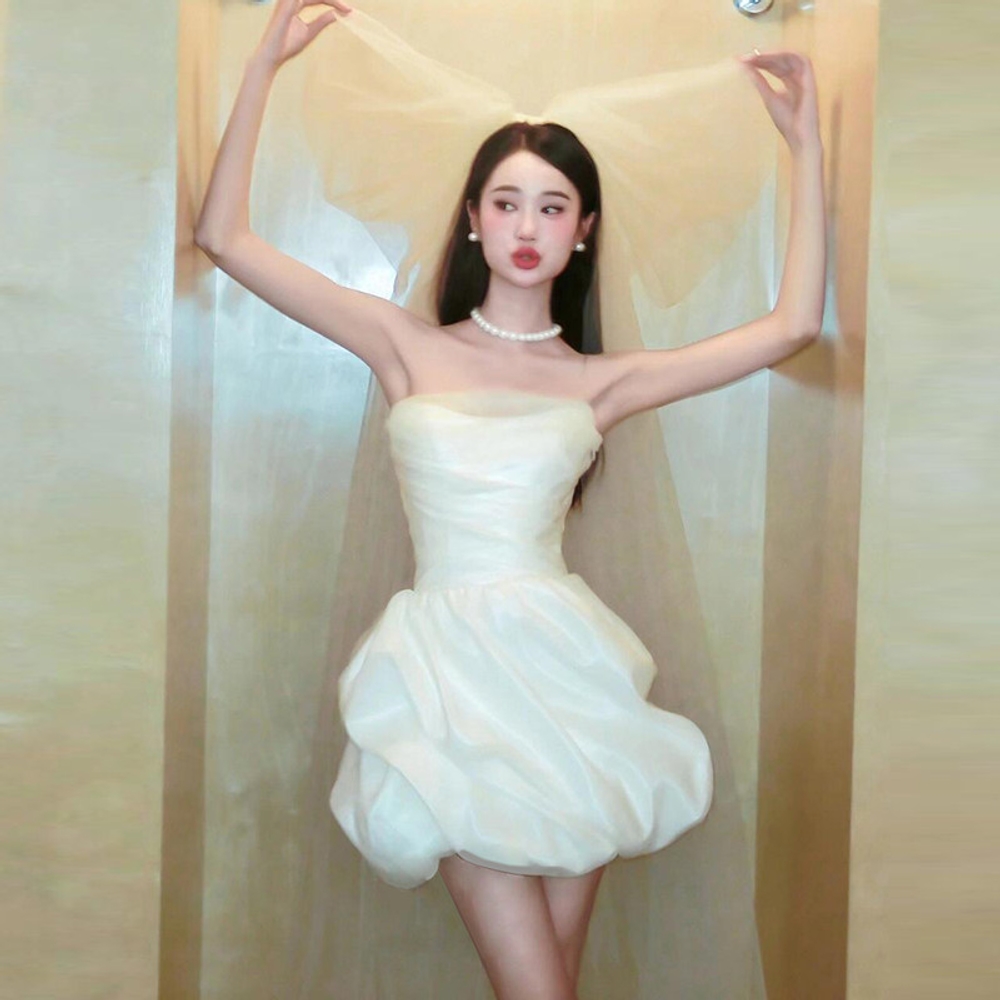 셀프웨딩미니드레스 셀프촬영원피스 제주스냅 튜브탑 리본 풍성한 벌룬스커트 셔링포켓 미니 - 상세 이미지 2