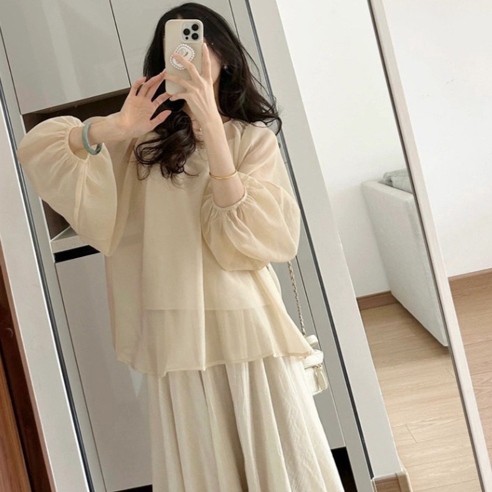 임산부블라우스 임부복 자수 쉬폰 벌룬소매 셔링 프릴 시스루 상의 밴딩 A라인 플리츠 - 상품 이미지