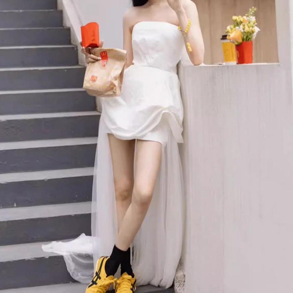 셀프미니웨딩드레스 웨딩촬영캐주얼의상 촬영용 튜브탑 벌룬 미니원피스 언발란스 롱 시스루 - 상세 이미지 4