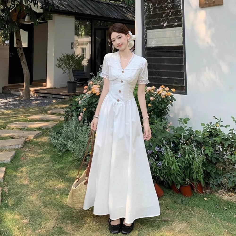 빈티지 레이스 셀프 웨딩 드레스 스냅 촬영 브이넥 퍼프소매 롱 원피스 레트로 복고풍 청순 - 상세 이미지 3