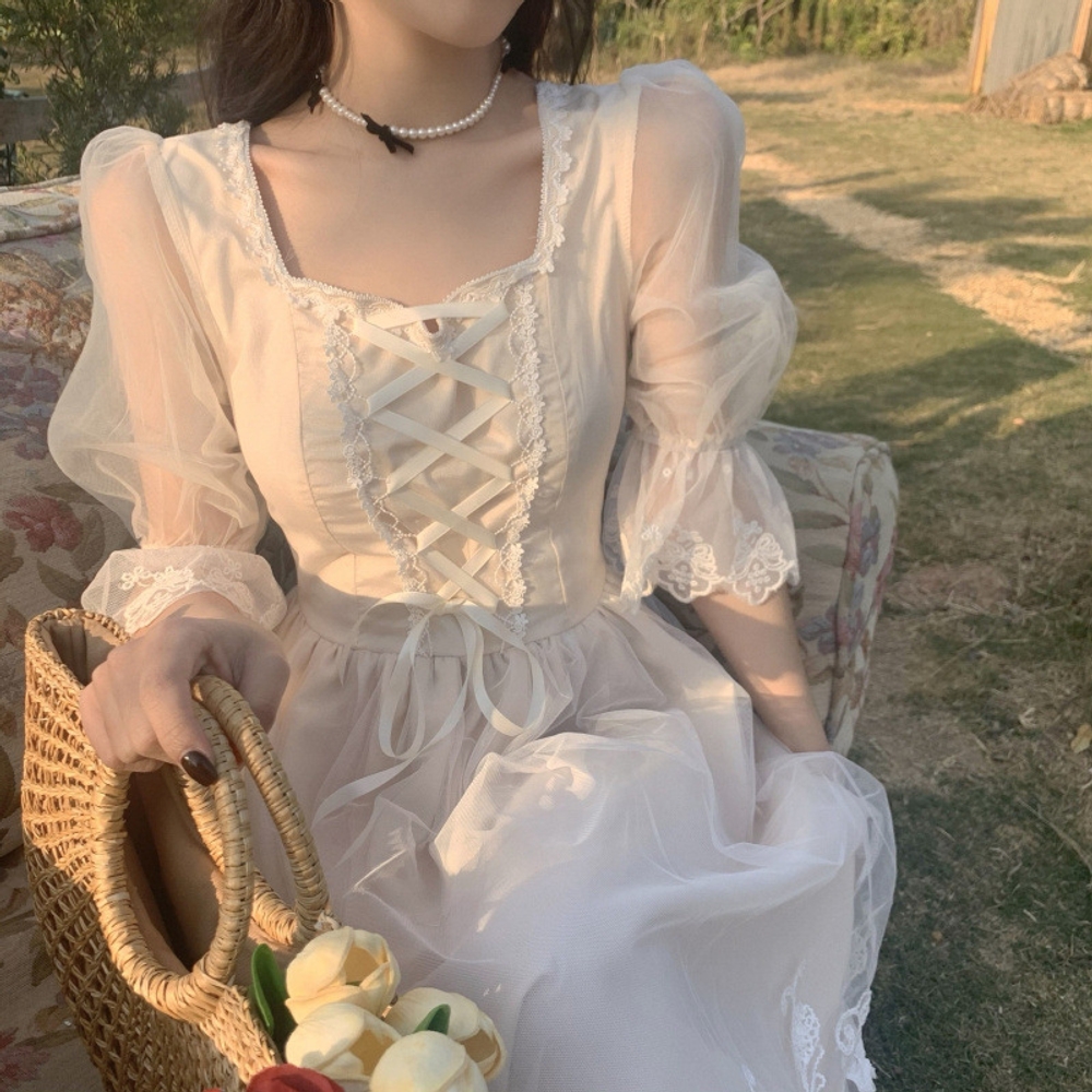 레트로옷 경성의복 베이지 빅사이즈 공주풍 개화기 유럽풍 소녀감 스퀘어넥 퍼프소매 레이스 - 상세 이미지 3