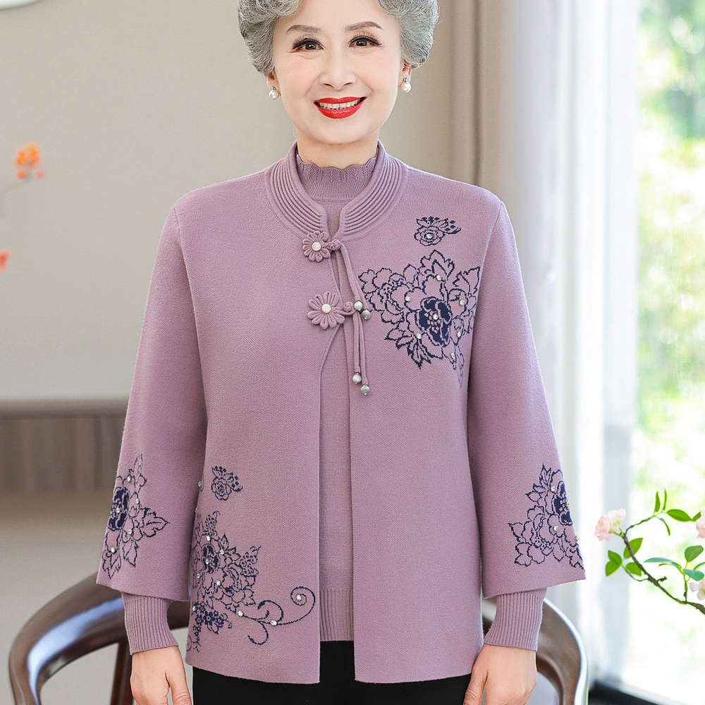 할머니옷 70대80대 어르신 엄마옷 고급 플라워 큐빅 자수 부드러운 니트 가디건 목폴라 - 상세 이미지 4