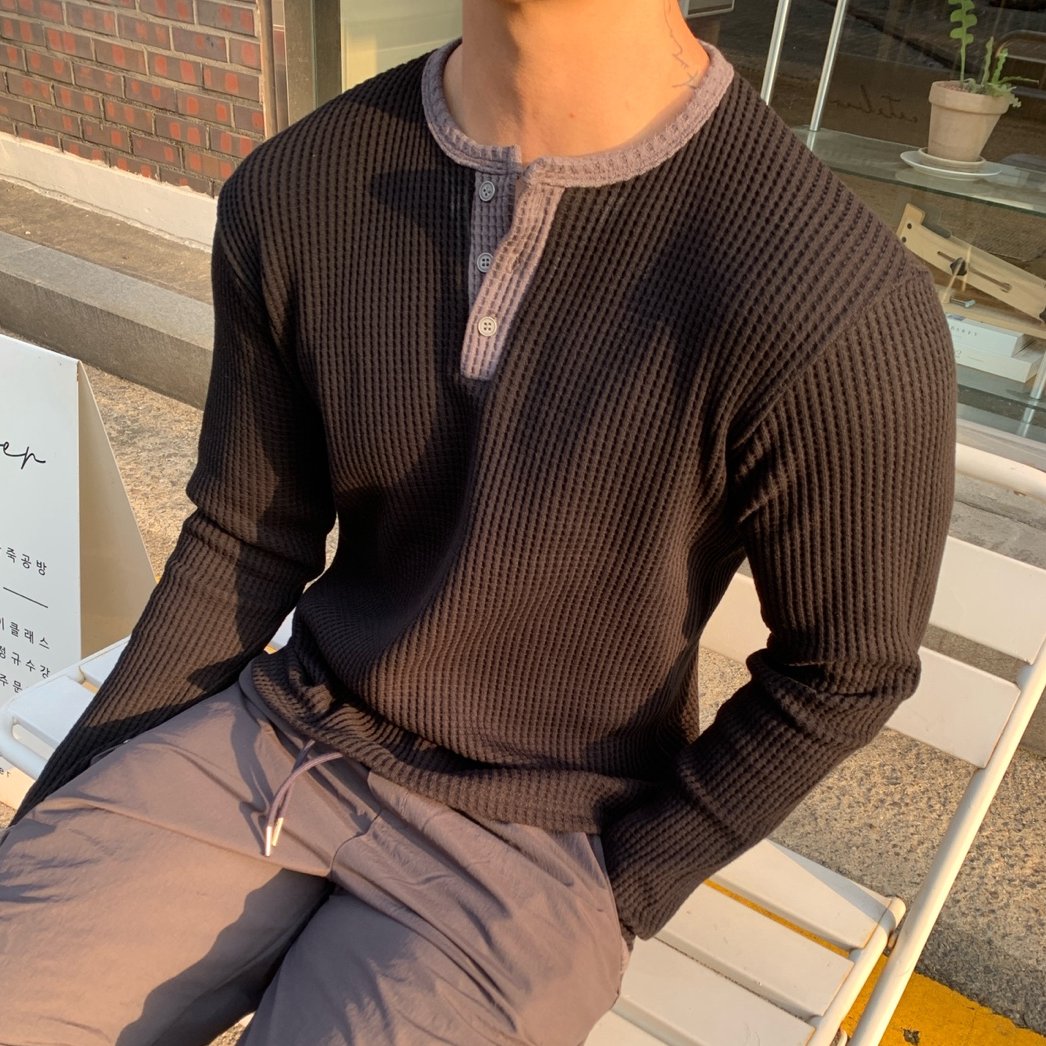 와플 헨리넥 링거 티셔츠 핸드워머 슬림핏 - 상품 이미지