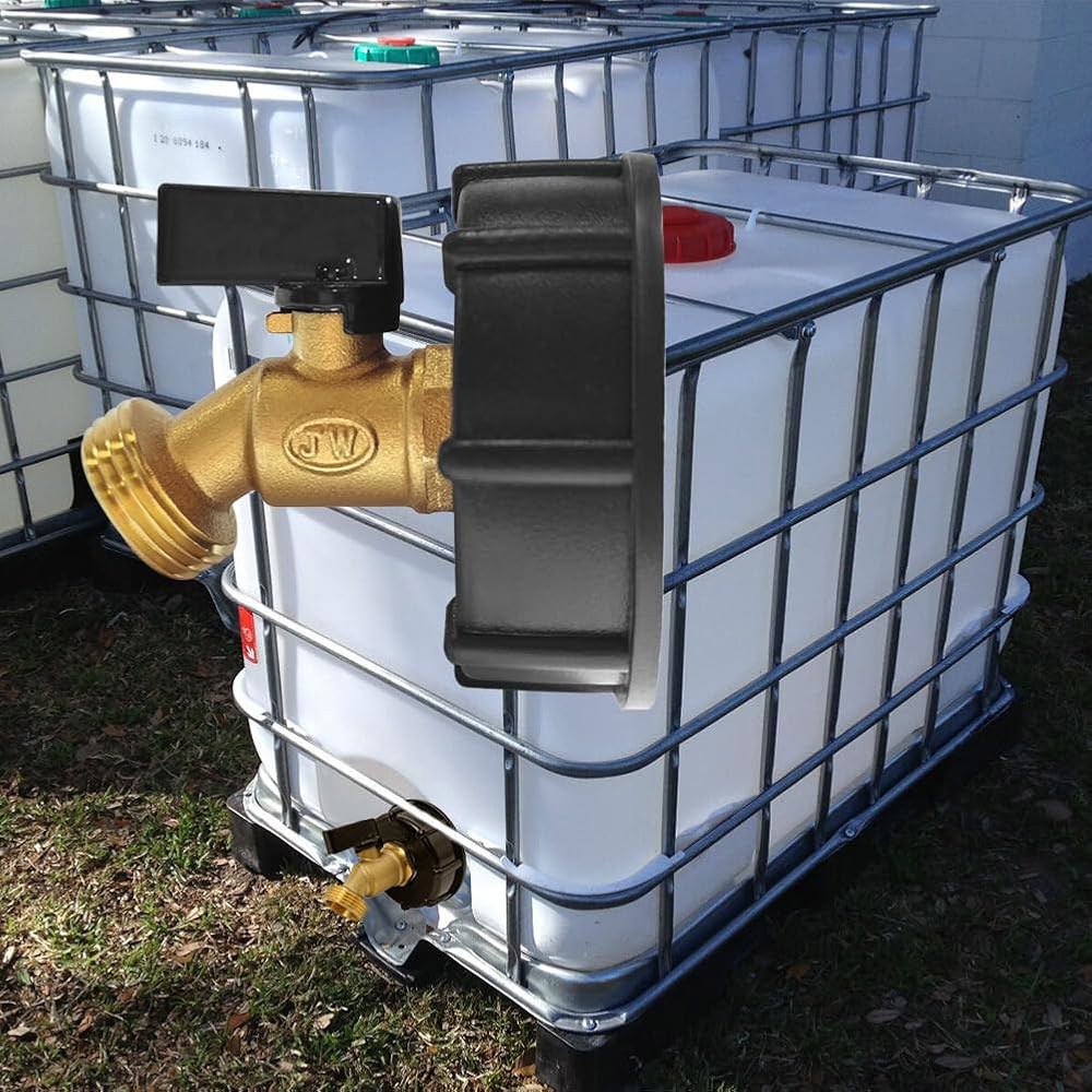 275-330 갤런 IBC 토트 물탱크 어댑터 2인치 조잡한 나사산 S60x6 + 황동 가든 호스 물볼 밸브 차단 피팅과 호환되는 조이와우스 Style 1 - 상세 이미지 2