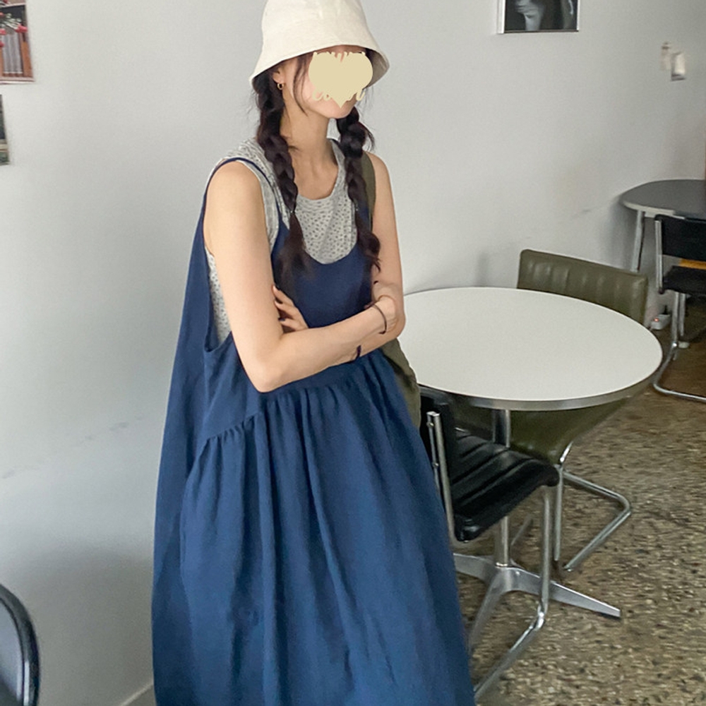 시크 데님 멜빵 루즈핏 롱원피스 A라인 플레어 셔링 캉캉 편안한 데일리룩 - 상세 이미지 2