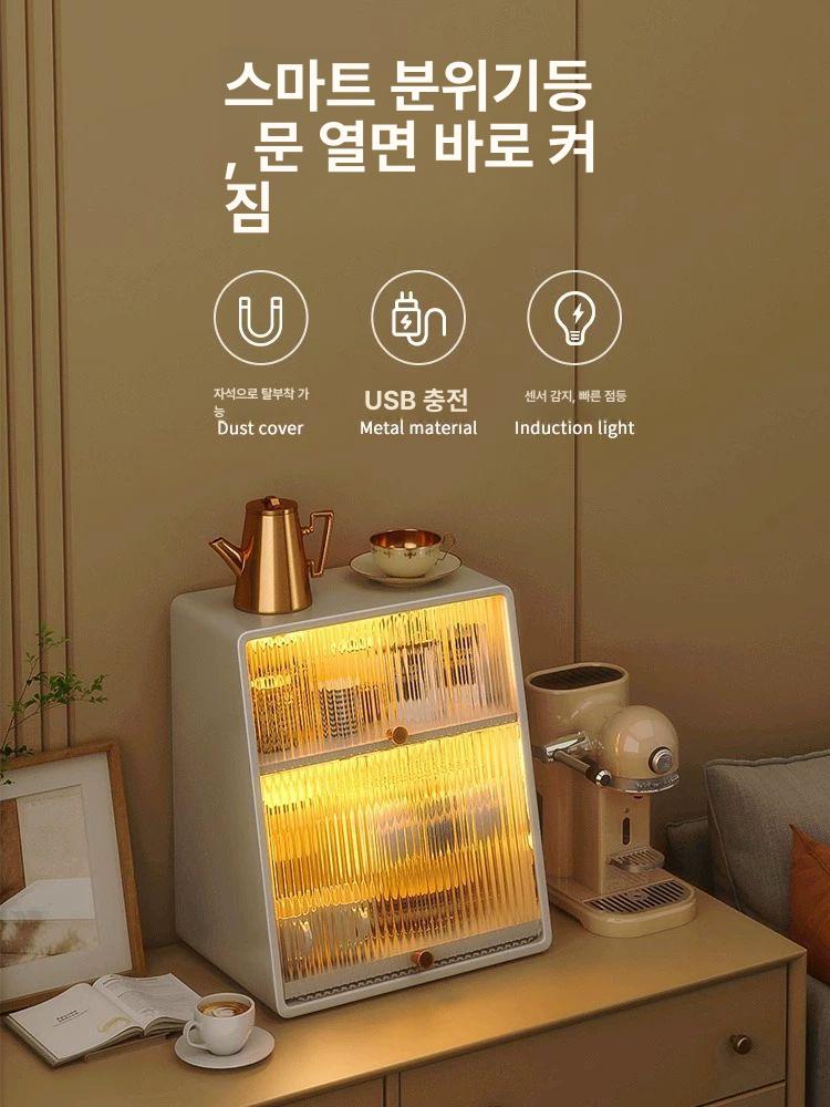 엔틱 그릇 선반 원목 정리대 캐비닛 컵 보관대 빈티지 화이트 더블 레이어 - 상세 이미지 4