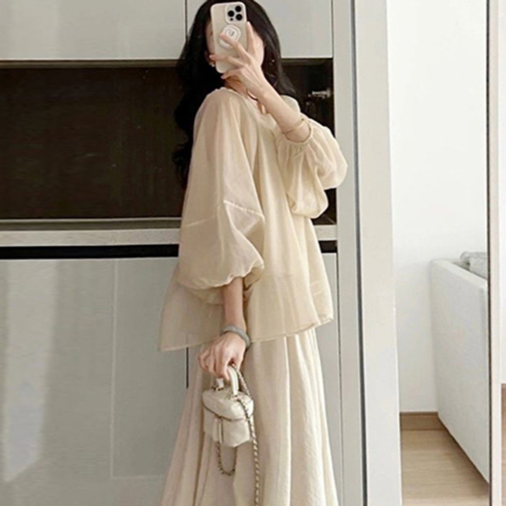 임산부블라우스 임부복 자수 쉬폰 벌룬소매 셔링 프릴 시스루 상의 밴딩 A라인 플리츠 - 상세 이미지 3