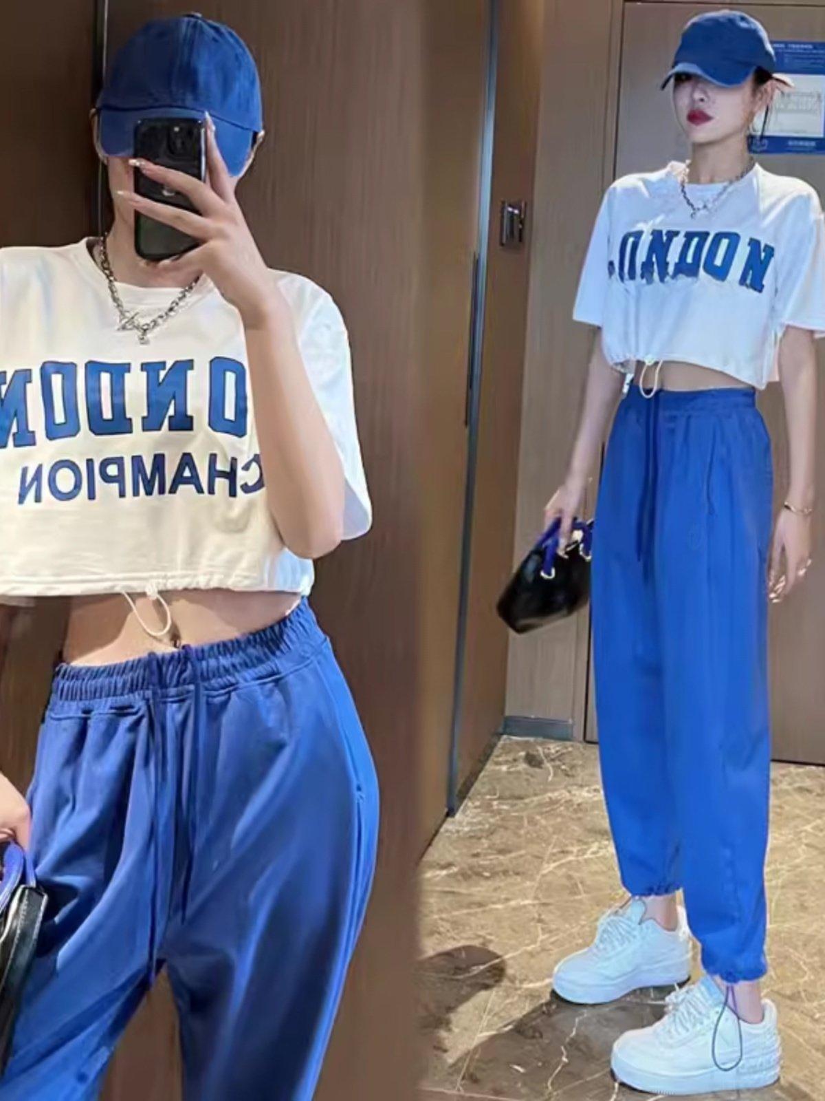 힙합 바지 팬츠 여 얇은 와이드 조거 방송댄스 트레이닝 529 블랙 반팔 + 0692 오렌지 바지 S - 상세 이미지 3