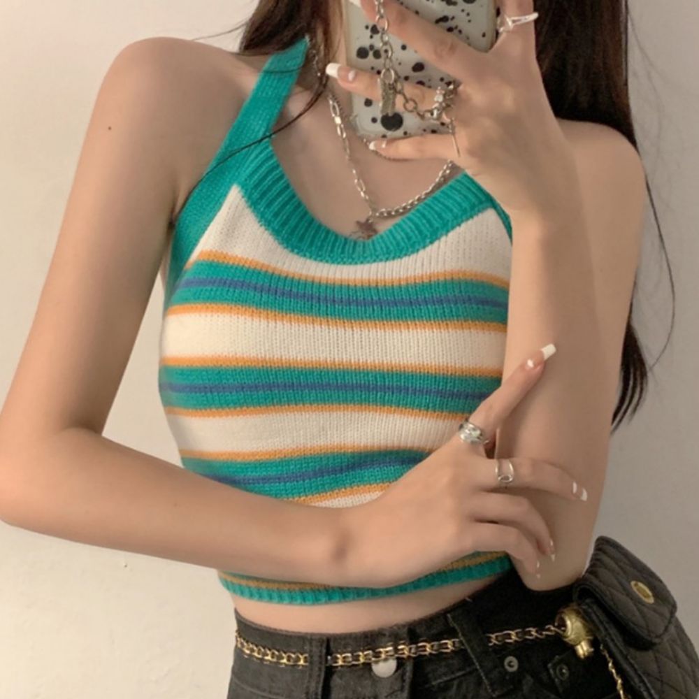 스트라이프홀터넥 홀터넥크롭나시 탑 뷔스티에 백트임티 이미지 8