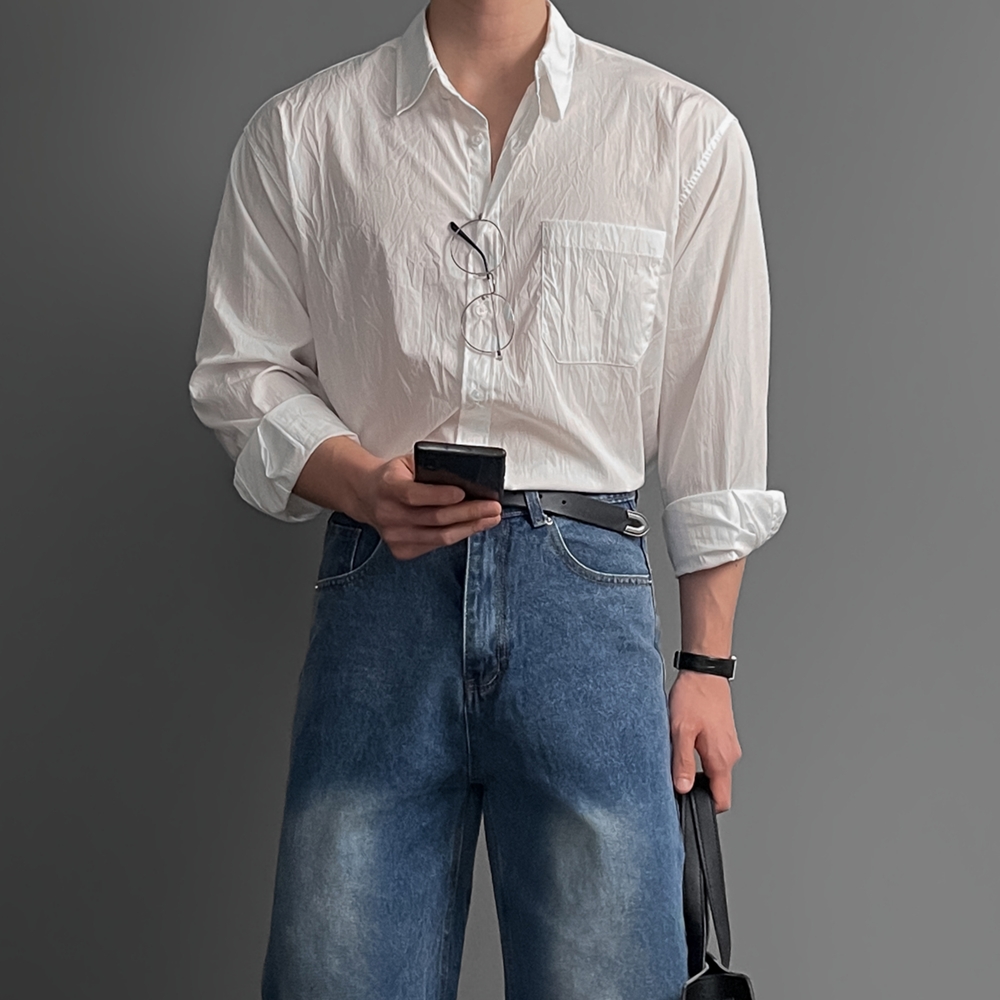 여름긴팔셔츠 나일론셔츠 남자봄남방 하늘색남방 - 상품 이미지