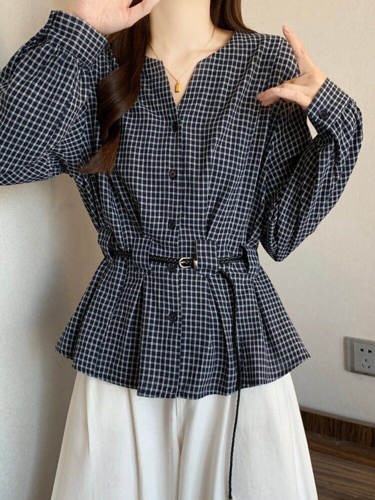 프렌치 체크 브이넥 긴팔 셔츠 여성 캐주얼 데일리 오피스룩 - 상세 이미지 3