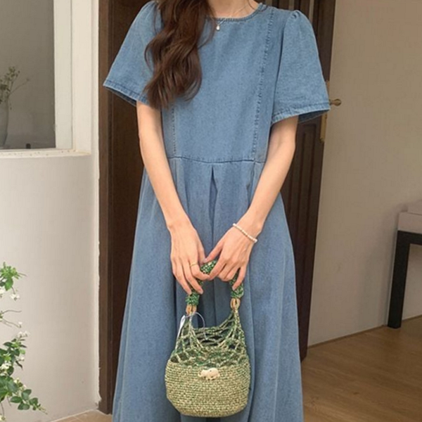 루즈핏 여성 데님 원피스 캐주얼 여성 롱 원피스 여름 반팔 - 상품 이미지