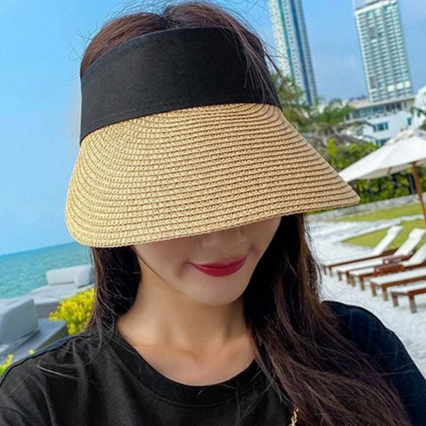 와이드챙 여성 밀짚 썬 캡 돌돌이 여성 비치 썬 캡 - 상품 이미지
