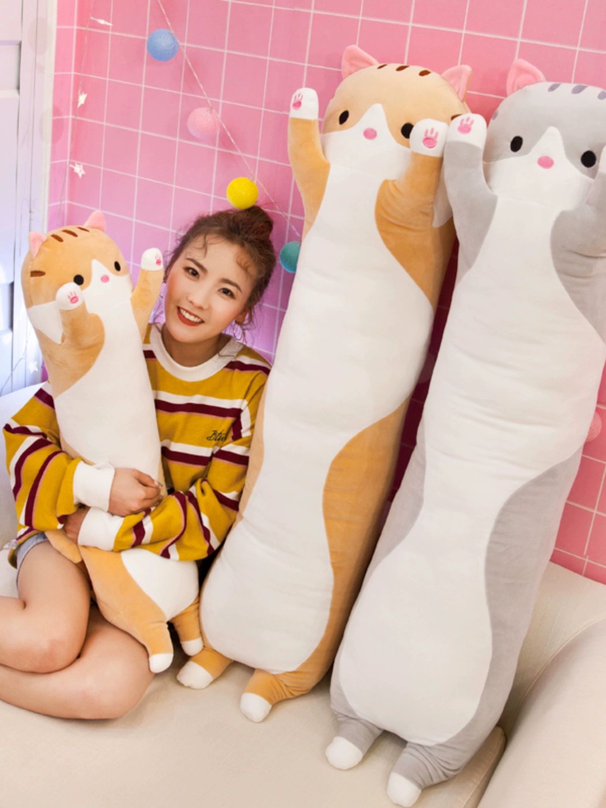 숙면 고양이 바디필로우 꿀잠 수면인형 애착인형 긴베개 그레이 110cm - 상세 이미지 3