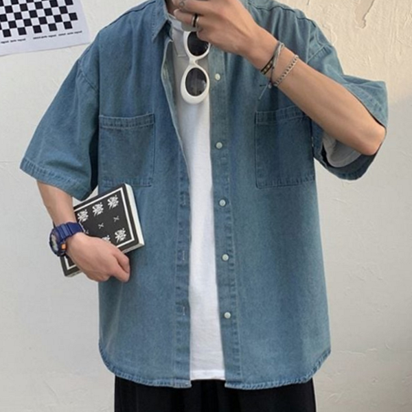 루즈핏 반팔 셔츠 청남방 청 셔츠 빅사이즈 데일리 여름 데님 - 상품 이미지