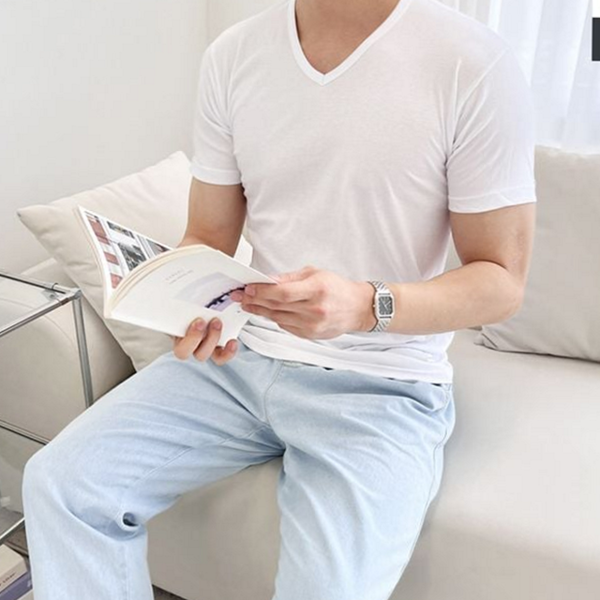 기본 남성 브이넥 티셔츠 데일리 반팔 티셔츠 루즈핏 여름 면티셔츠 - 상품 이미지