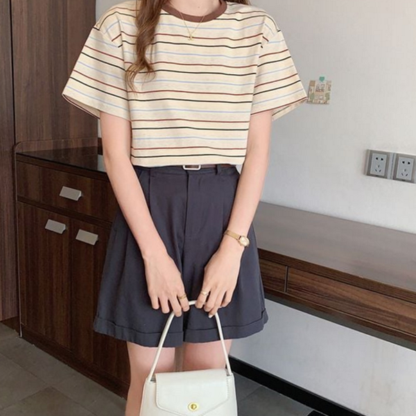 루즈핏 여성 줄무늬 티셔츠 스트라이프 여성 라운드 티셔츠 간절기 캐주얼 - 상품 이미지