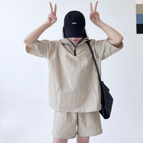 오버핏 후드 아노락 상하 반팔 반바지 트레이닝 여성 - 상품 이미지